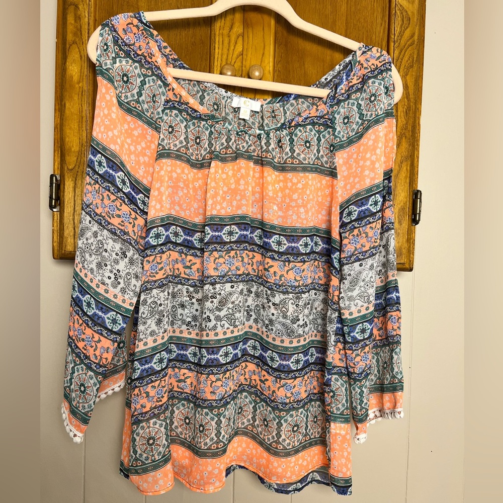 C Label Cold Shoulder Neon Peach & Blue Semi-sheer Blouse, Women’s M